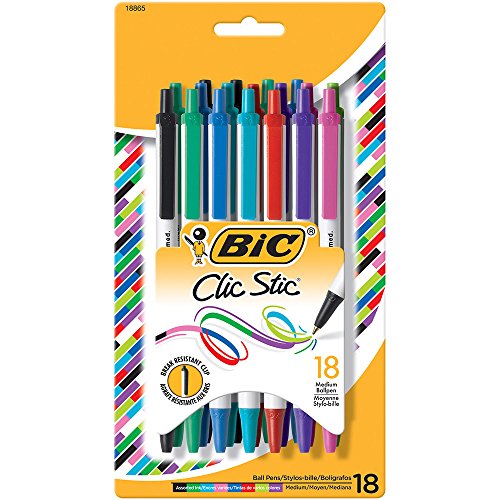 BIC Clic Stic Fashion Retractable Ballpoint Pen, Assorted Colors,18-Count Via Amazon