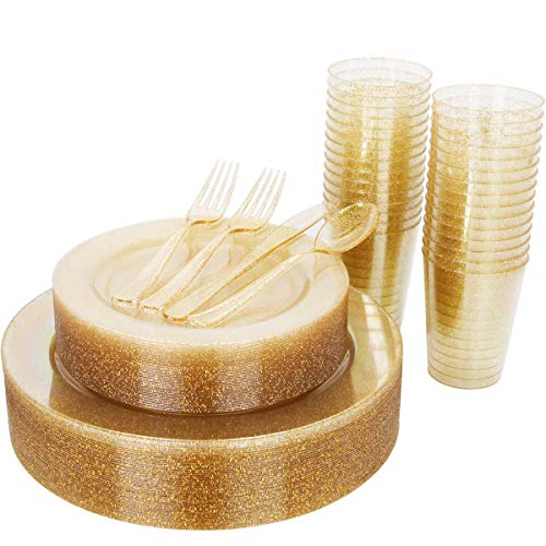 175 Pieces Gold Glitter Plastic Plates with Disposable Silverware and Cups Via Amazon