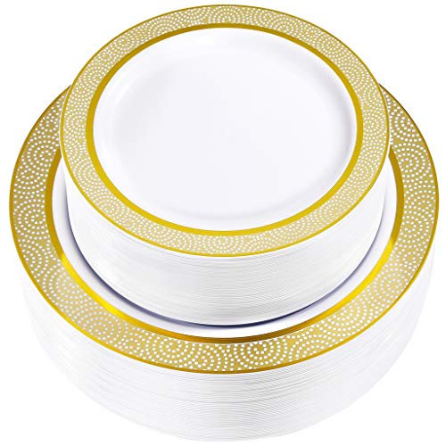102 Pcs NERVURE Gold Plastic Plates - 51pcs Dinner Plates ,51pcs Dessert Plates Via Amazon