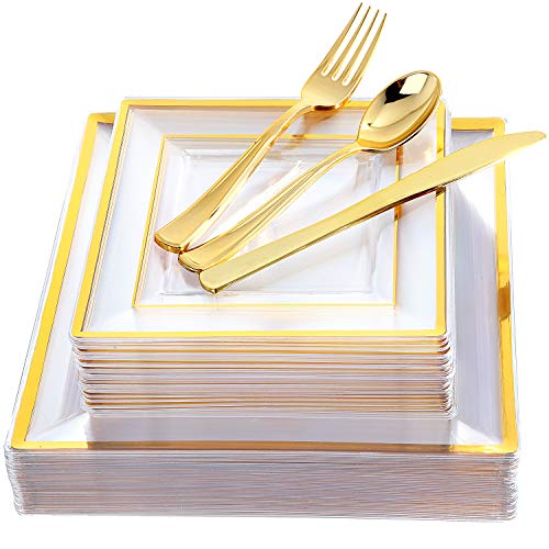 IOOOOO 120 Pieces Clear Gold Plastic Square Plates with Disposable Silverware Via Amazon