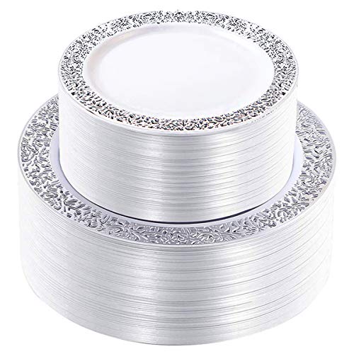 96 Pieces Silver Plastic Plates with Lace Design, White Silver Plates Via Amazon