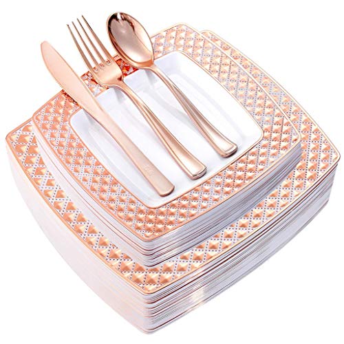 WDF 125PCS Rose Gold Plastic Plates with Disposable Plastic Silverware Via Amazon