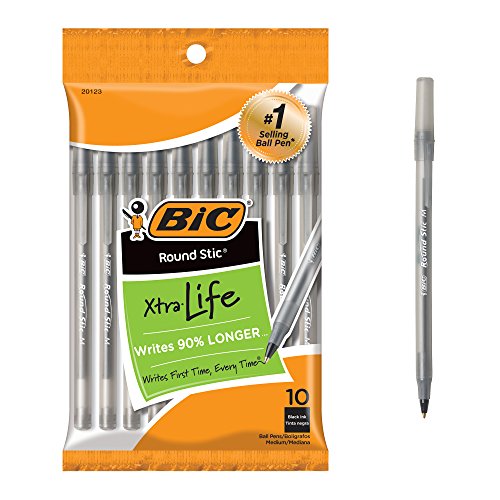 BIC Round Stic Xtra Life Ballpoint Pen, Medium Point (1.0mm), Black, 10-Count Via Amazon