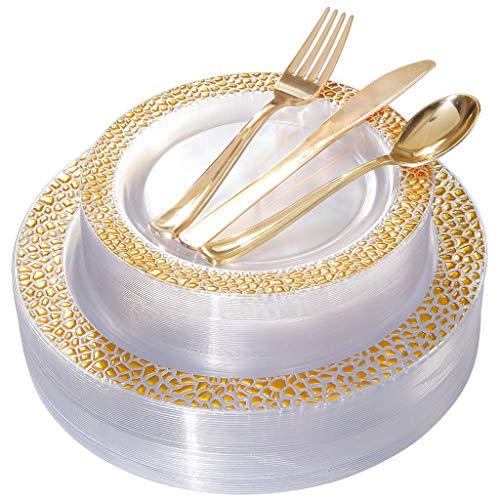 BUCLA 25 Guest Clear Gold Plastic Plates with Disposable Plastic Silverware Via Amazon