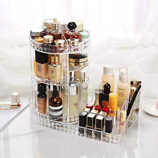 Makeup Organizer 360° Rotating Adjustable Carousel with Tray, Via Amaon