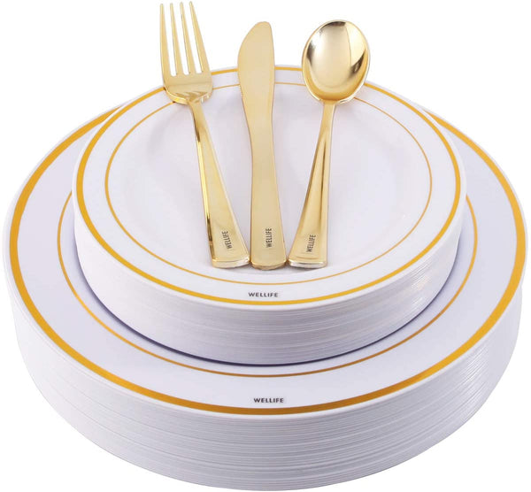 125 Piece Gold Plastic Cutlery&Elegant Plastic Plates Disposable Via Amazon