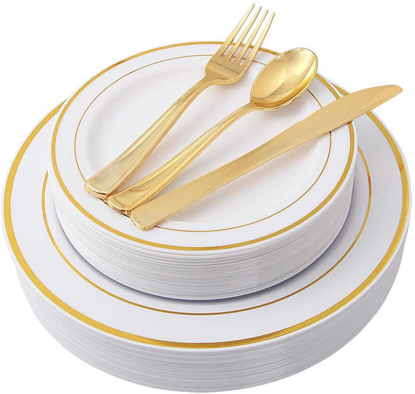 100 Piece Gold Rimmed Plastic Disposable Dinnerware Set Via Amazon