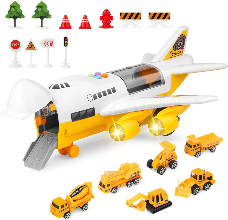 Car Toys Set with Transport Cargo Airplane, With 6 Cars, 11 Road Signs Via Amazon