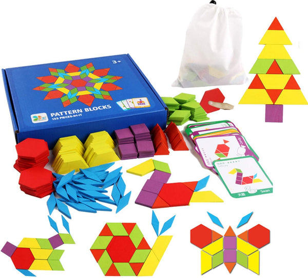 155 Pcs Geometric Wooden Pattern Blocks with 24 Pcs Design Cards Via Amazon