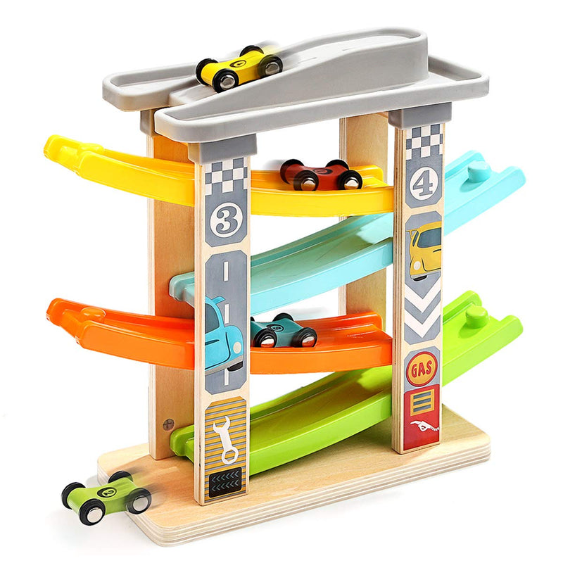 Top Bright Wooden Ramp Race Track with 4 Mini Cars Via Amazon