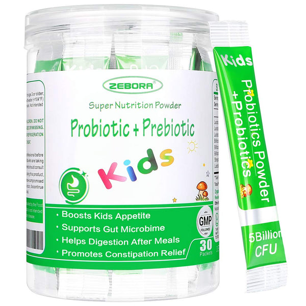 Kids Probiotic & Prebiotics Powder Age 3+ with 5 Billion CFUs + Constipation Relief Via Amazon