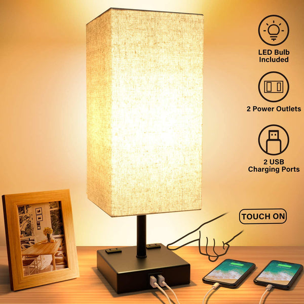 Touch Control Table Lamp, Dimmable with 2 USB Charging Ports Via Amazon