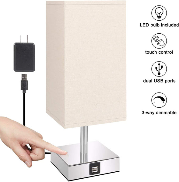 Touch Control Table Lamp with Dual USB Charging Ports(LED Bulb Included), 3 Way dimmable Via Amazon