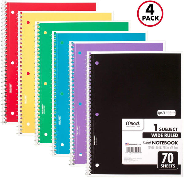 Mead Spiral Notebooks, 1 Subject, 4 Pack Via Amazon