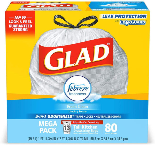 Glad Tall Kitchen Drawstring Trash Bags - OdorShield 13 Gallon  80 Count Via Amazon