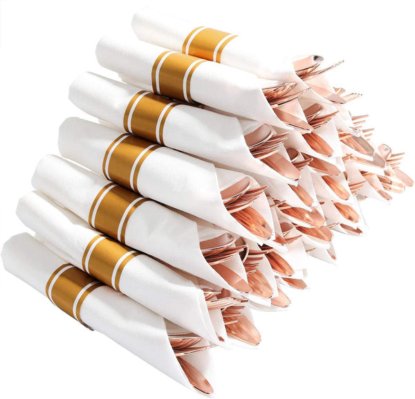 30 Pack Pre Rolled Napkins with Rose Gold Plastic Cutlery Set Via Amazon