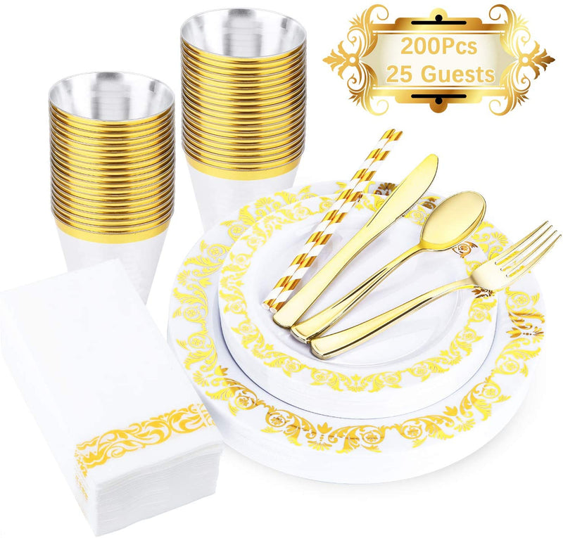 200 Pieces Gold Plastic Disposable Dinnerware Set (Service for 25) Via Amazon