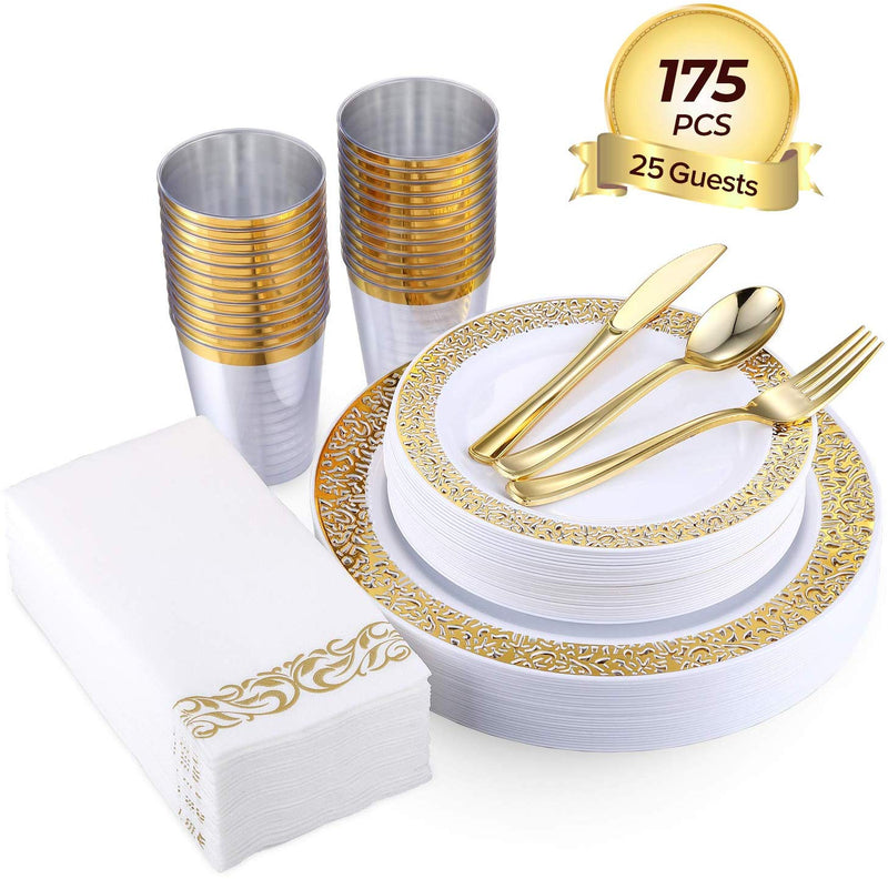 175PCS Gold Disposable Dinnerware Sets Via Amazon