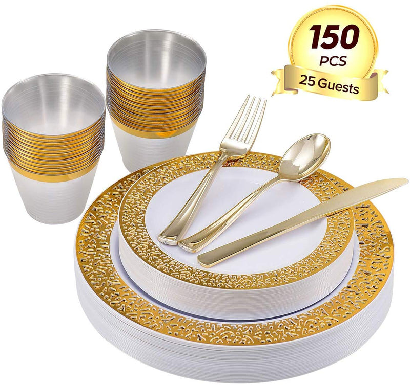 Plastic Dinnerware Set 150 PCS 25 Guests Via Amazon