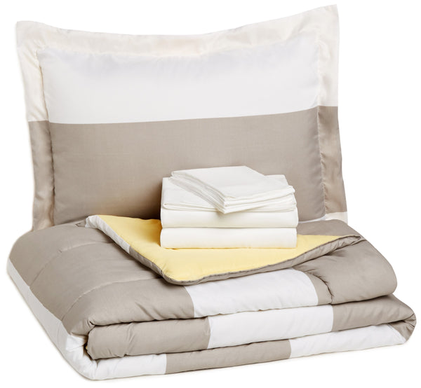 AmazonBasics 5-Piece Bed-In-A-Bag Comforter Bedding Set - Reversible Grey Stripe, + More Styles Via Amazon