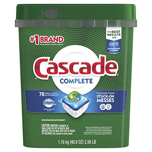 78 Count Cascade Complete ActionPacs Dishwasher Detergent, Fresh Scent Via Amazon