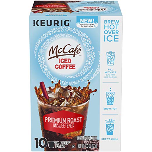 McCafe Unsweetened Premium Roast Iced Coffee K-Cup Pods, Caffeinated, 10 ct Via Amazon