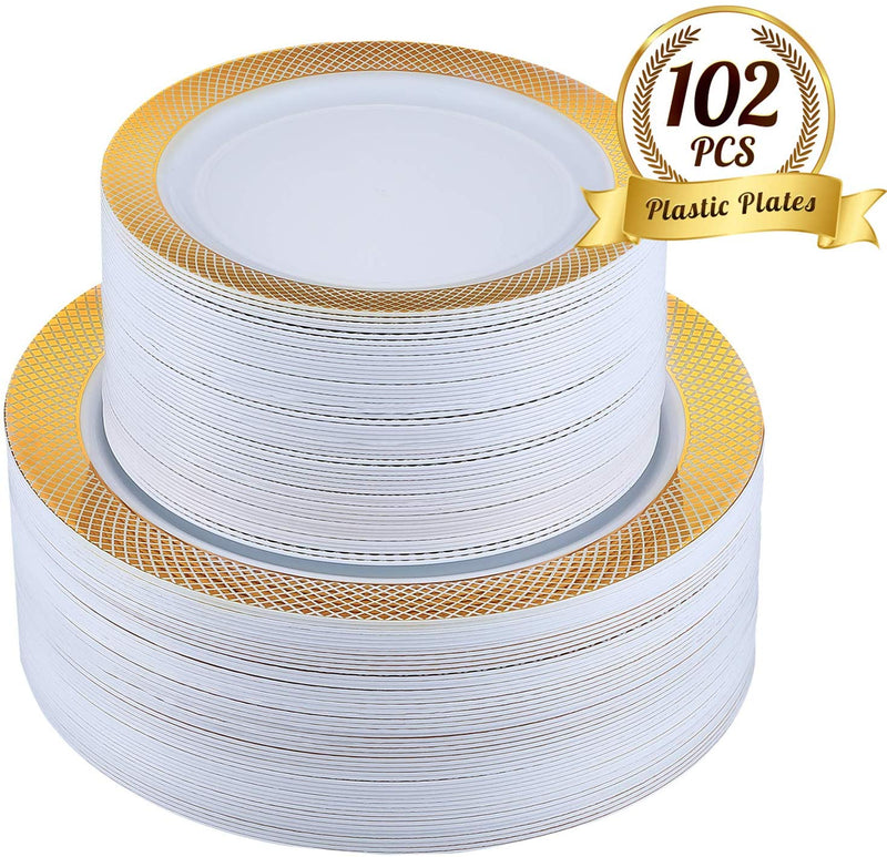 102Pcs Disposable Plastic Plates Gold Grid Rim Party Plates Via Amazon