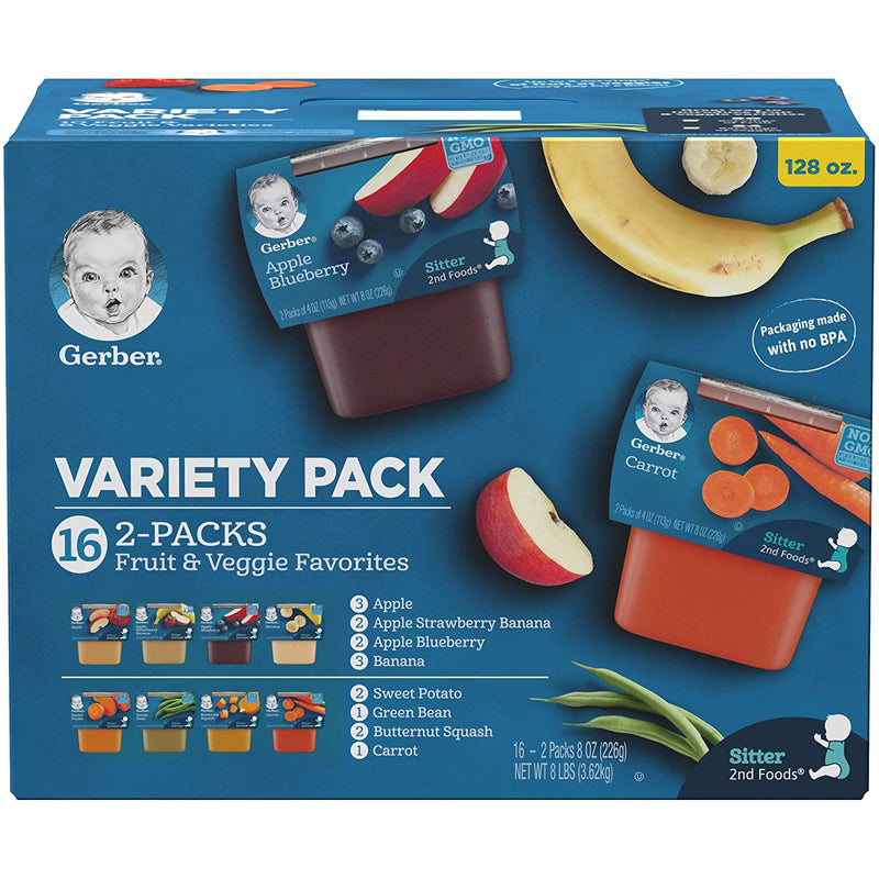 Gerber Purees 2nd Foods Veggie & Fruit Variety Pack, 8 Ounces, Box of 16 Via Amazon