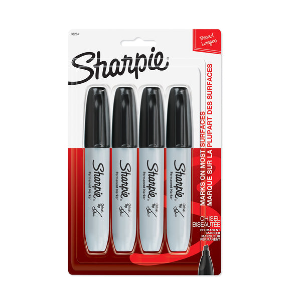 Sharpie Permanent Markers, Chisel Tip, Black, 4 Count