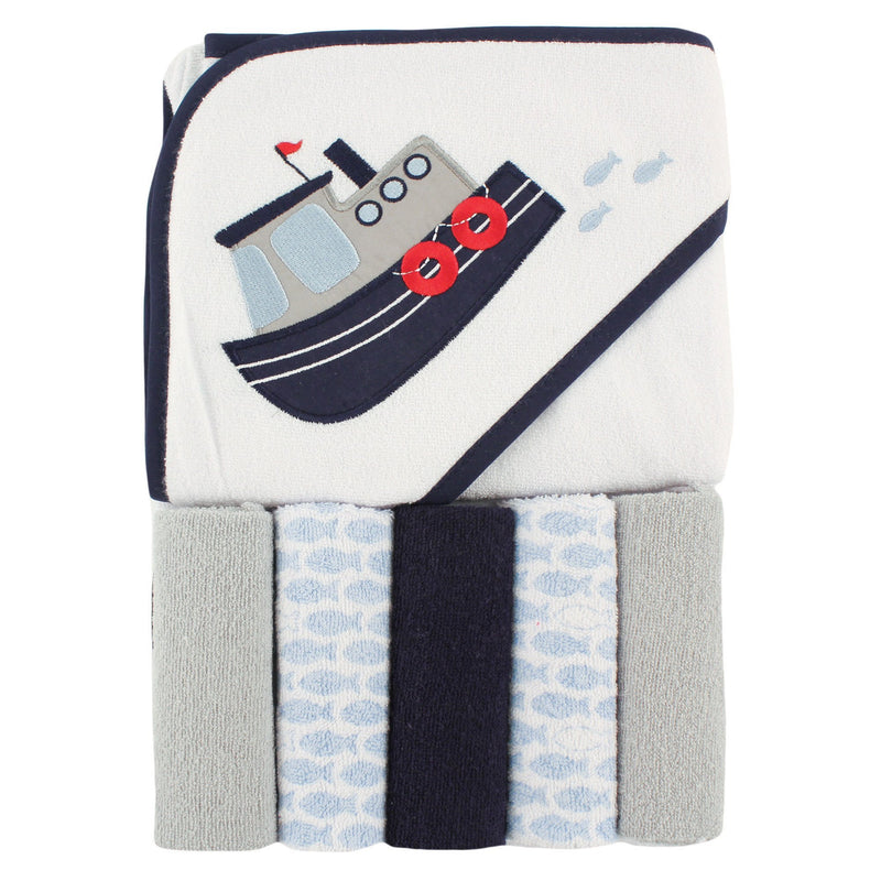 Luvable Friends Hooded Towel and 5 Washcloths, Tugboat Via Amazon