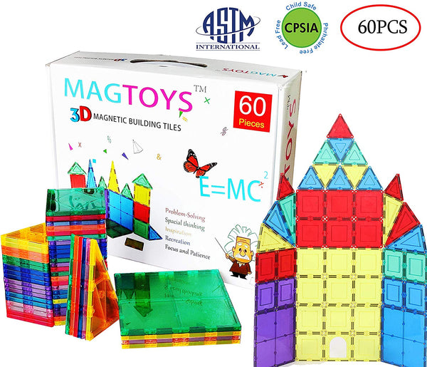 60 Pieces Magnetic Tiles Clear 3D Building Blocks with 4 Large Playboards Via Amazon