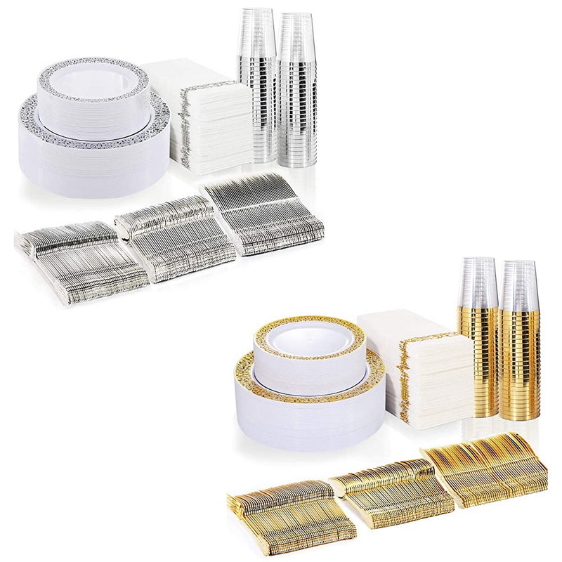 BUCLA 350PCS Silver/Gold Plastic Plates with Disposable Plastic Silverware Via Amazon