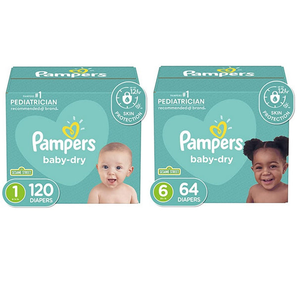 Pampers Baby Dry Diapers Size 1, 120 Count or Size 6, 64 Count Via Amazon