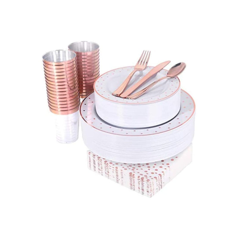 350 PCS Rose Gold Plastic Dinnerware Set Via Amazon