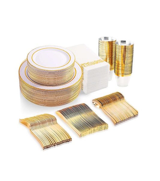 350PCS Gold Plastic Plates & Silverware
Via Amazon