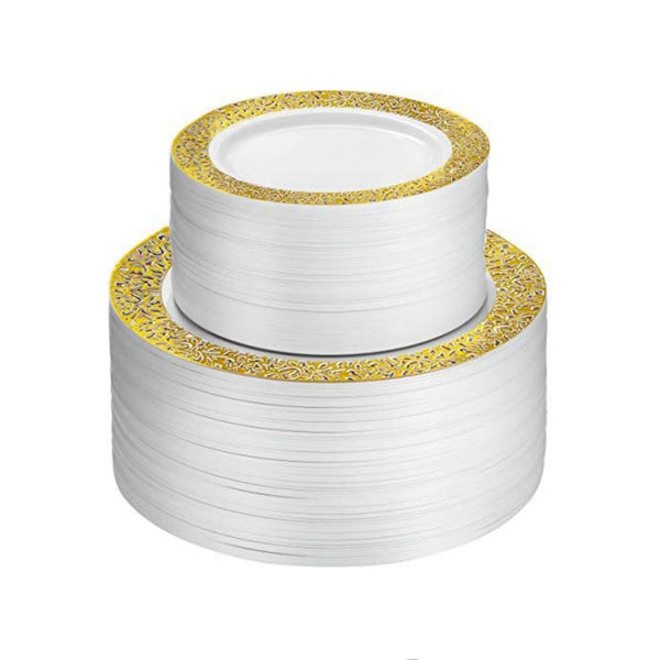 100 Piece Plastic Party Plates White with Gold Lace Design
Via Amazon