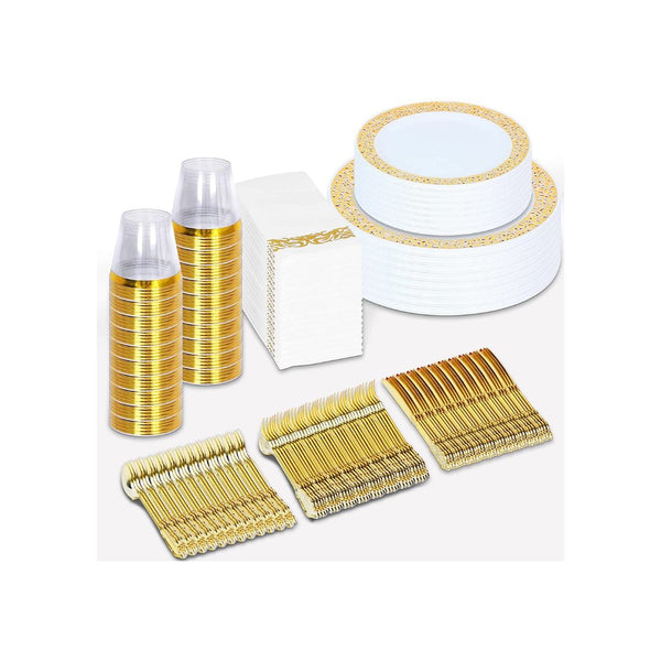 350 Pieces Gold Plastic Dinnerware Set Disposable (50 Guest)