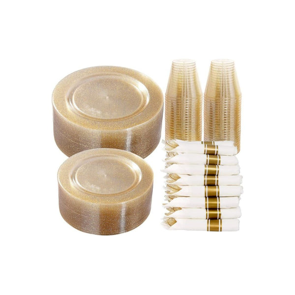 350 Pieces Gold Glitter Plastic Disposable Dinnerware Set