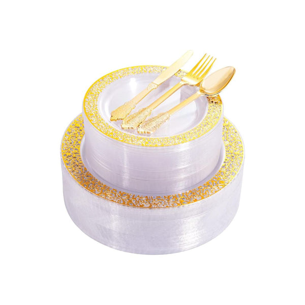 300 Pcs Clear with Gold Plastic Plates & Gold Silverware