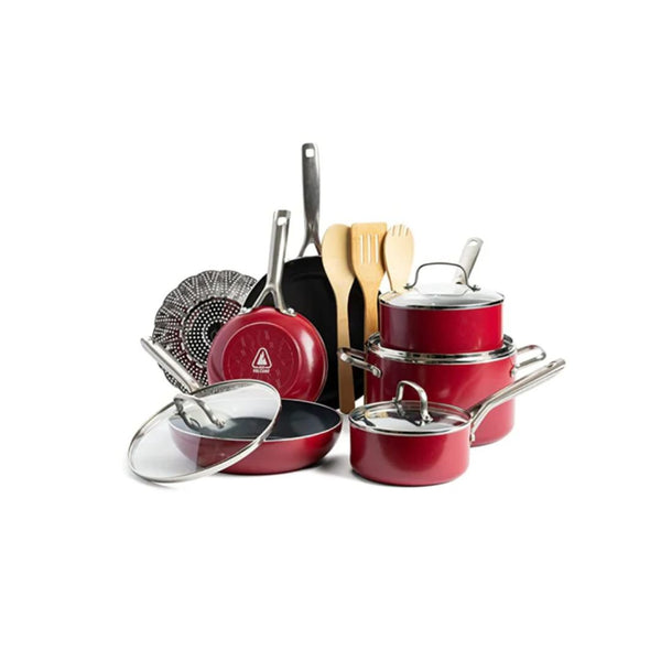 14-Piece Red Volcano Textured Ceramic Nonstick, Cookware Pots & Pans Set