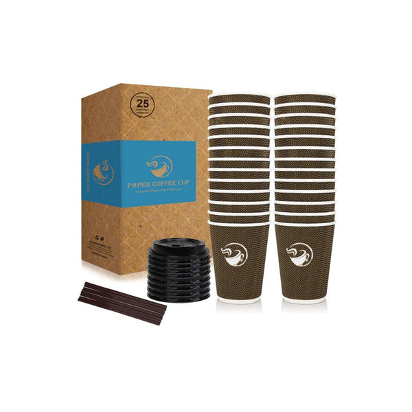 25 Disposable Coffee Cups with Lids and Straws