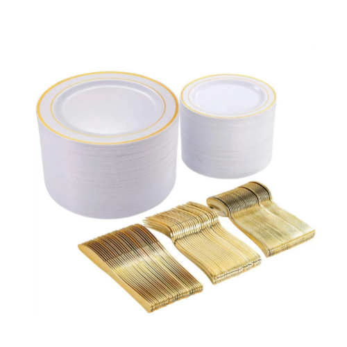 300 Pcs Gold Rimmed Plastic Disposable Dinnerware Set (Service for 60) Via Amazon
