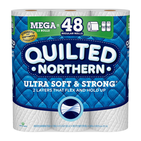 12 Mega Rolls Of Quilted Northern Ultra Soft and Strong Toilet Paper Via Amazon