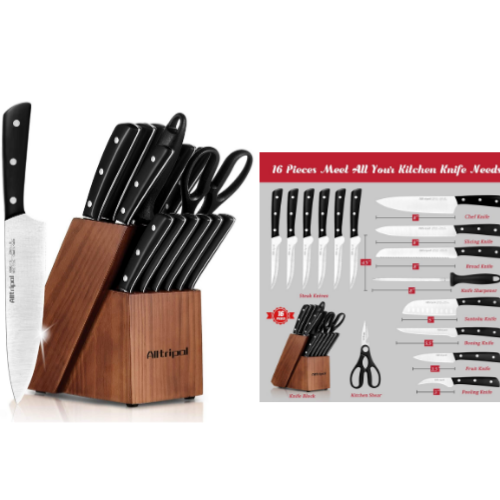 16 Pieces Kitchen Knife Set with Wooden Block Via Amazon