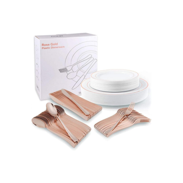 125 Pcs Rose Gold Plastic Disposable Dinnerware Set Via Amazon