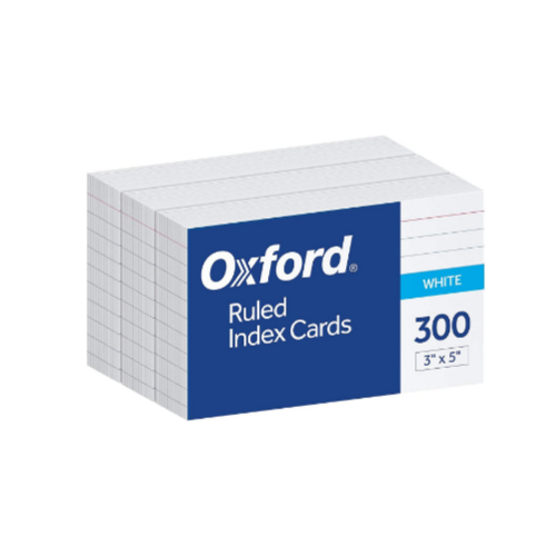 Oxford Ruled Index Cards, 3" x 5", White, 300 pack Via Amazon