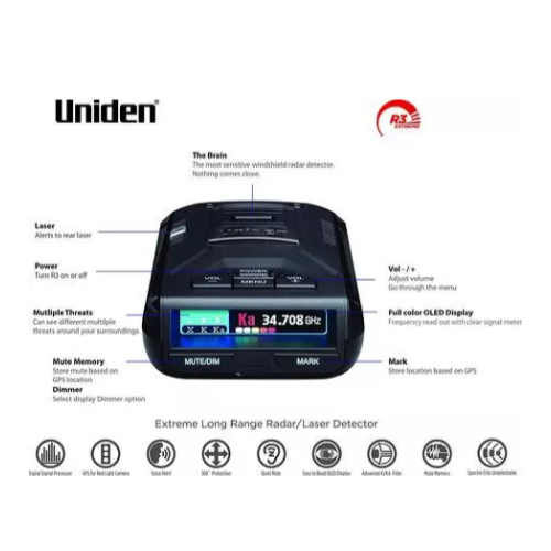 UNIDEN R3 Extreme Long Range Laser/Radar Detector, Built-in GPS w/ Mute Memory, Voice Alerts, Red Light & Speed Camera Alerts Via Amazon