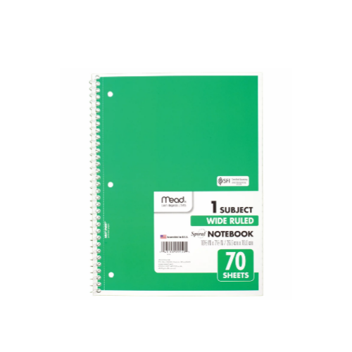 Mead Spiral Notebook, 1 Subject, Wide Ruled, 70 Sheets Via Walmart