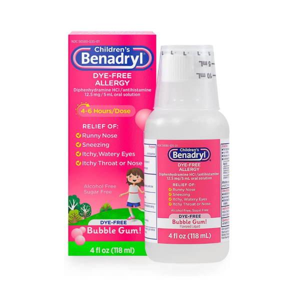 Children’s Benadryl Allergy Dye-Free Bubble Gum Flavor Liquid 4oz Bottle Via Amazon