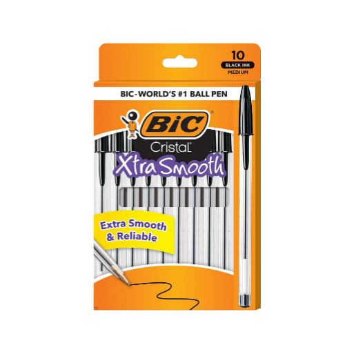 10 Count BIC Cristal Xtra Smooth Ballpoint Pen, Medium Point Via Amazon